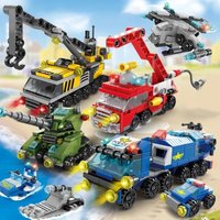 Mini size 6 In 1 Building Blocks DIY Police Car Fire Truck Castle Model Bricks Kids Educational Toys Gifts