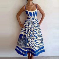 Summer New Women Fashionable Fish And Shrimp Print U-neck Pleated Waist With Large Swing Suspender Dress Sexy Maxi Vestidos Robe