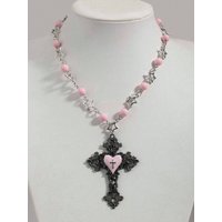 Retro Gothic Style Pink Beaded Star, Vintage Dark Punk Personalized Thorn Rose Cross Pendant Necklace For Women