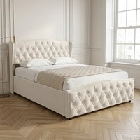 Upholstered Bed 135 x 190 cm with Underbed Storage Drawer, Double Bed with Headboard and Slatted Base, Velvet, Suitable for Adults and Teenagers, Beige king size bed frame