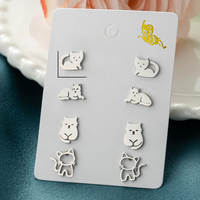 4Pairs/Lot Cartoon Animal Earings Set Multiple Stainless Steel Cat Stud Earrings for Women Girls Funny Kitty Jewelry Xmas Gift