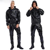 AliExpress Mens Womens PVC Sauna Suit Long Sleeve Drawstring Hooded Jacket Tops+Pants Sets Unisex Cycling Running Workout Exercise Outfits