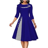 Women Vintage Polka Dot Dress Long Sleeve Buttons Office Skirt Patchwork Evening Cocktail Party Waist Swing Dress