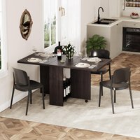 Litake Folding Dining Table, Space-Saving Farmhouse Dining Table for 4 with Storage Shelf, 6 Wheels Multi-Purpose Expandable Kitchen Drop-Leaf Table for Small Spaces Dark Walnut, 130x80x75cm