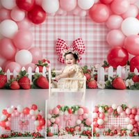 Mocsicka Sweet Strawberry Girl 1st Birthday Photography Background Garden Red Balloon Backdrop Baby Show Cake Smash Photo Studio