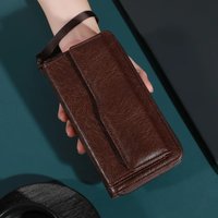 Vintage PU leather solid color wallet with wristband, business style long zipper wallet with multiple card slots, ideal gift