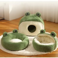 1 Pc Cat Green Frog Round Nest Bed New Winter Warm All Seasons House Cartoon Frog Design for Indoor Outdoor Cat House Dog House