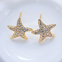 (2672) 13MM 24K Gold Color Brass with Zircon Starfish Stud Earrings High Quality Diy Accessories Jewelry Findings