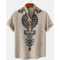 Ethnic Style 3D Print Henley Shirts Men's Fashion Oversized Button Stand Collar Short Sleeve T Shirt Male Tees Tops Man Clothing