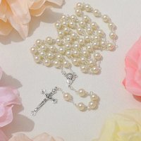 Handmade White Pearl Long Catholic Necklace Cross Pendant Rosary Necklace Religious Jewelry Virgin Mary Jesus Cross Pendant