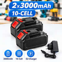 2 sztuki akumulatorów 3000 mAh, 10 ogniw, do wielokrotnego ładowania, w zestawie z ładowarką europejską, zamiennik akumulatora kompatybilny z bezprzewodowymi narzędziami Makita 18 V.