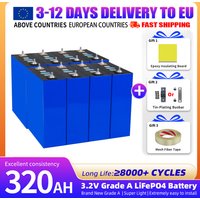 8 Stück 3,2V 320Ah 8000+ Zyklen LiFePO4-Batterie, Lithium-Eisenphosphat-Zelle der Klasse A mit 3 Zubehörteilen, DIY 12V 24V 48V für Camping und Heimenergiespeicherung