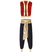 Mens Arabian Prince Aladin Captain Cosplay Costume Halloween Outfits Metallic Shiny Trim Open Front Vest with Belted Long Pants