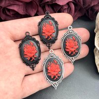 4pcs Gothic Red Rose Cameo Charm Black Ornate Setting Vintage Victorian Rose Pendant DIY Handmade Jewelry Making Accessories