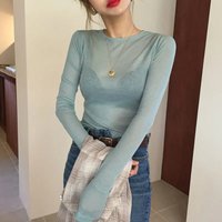 Korean sexy slim see-through plain t-shirt women tops spring summer Tshirt Transparent long sleeve tee shirts female Solid Top