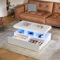 High Gloss Coffee Table with Open Storage, Sofa Side Table with 2 drawers, Centre Table with LED lights, Space-saving End Table, Modern Tea Table for Living Room, Office
