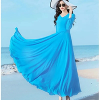 Women's Chiffon Swinging Dance Dress 2025 Summer New Slim Temperament Long Sleeve Dress Female Beach Long Over Knee Dresses