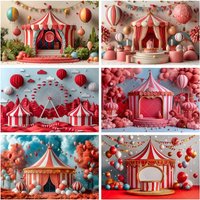 Circus Red Tent Ferris Wheel Carousel Hot Air Balloon Kid Birthday Party Banner Backdrop Custom KidPhoto Poster Decor Background