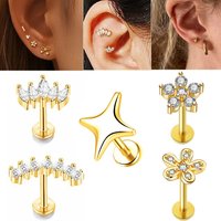 1pc Stainless Steel Four-Pointed Star Cartilage Earring Helix Tragus Flatback Flower Zircon Labret Stud Piercing Body Jewelry