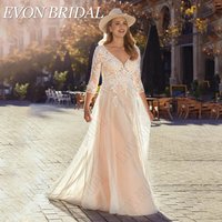 EVON BRIDAL V-Neck Plus Size Wedding Dresses For Woman Backless 3/4 Sleeves Applique A-Line Tulle Lace Vestidos De Novia