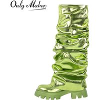 Onlymaker Women Green Round Toe Fold Over Boots Webs Fashion Handmade Female Mid-Calf Boots