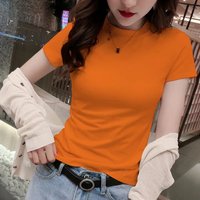 Fashion Korean 2025 Women's Orange T-Shirt Colorful Short Sleeve Casual Solid Top Summer High Neck Stretch Slim Tshirt Clothing