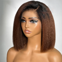 Soft Yaki Short Bob Ombre Blonde Brown Kinky Straight Synthetic 180Density Lace Front Wig For Women Babyhair Preplucked Daily