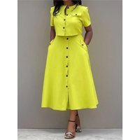 Two Piece Set For Women Summer Short Sleeve O-Neck Button Shirt Commuting Casual 2 Piece Sets Office Elegant Short Sleeves Skirt