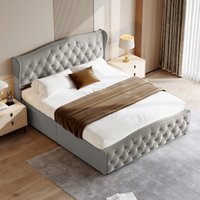 Upholstered bed, 4ft6 double bed 135×190cm, Hydraulic Storage, With slatted bed frame, Hydraulic bed, Velvet, Grey (No Mattress)