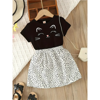 Girls 2-Piece Short Sleeve Top And Spotted Skirt, Smiling Kitten, Suitable For Girls Holiday Casual Dress, Costume Gift