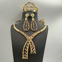 Luxury Dubai 24K Gold Plated Jewelry Set for Women African Mesh Beads Choker Necklace Cuff Bangle Earrings Ring HS2603