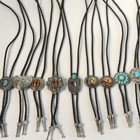 Bolo Tie with Natural Stone for Men Vintage Handmade Cowboy Bolo Ties Cowhide Rope Buckle Clasp Necktie Cow Skull Leather Rodeo
