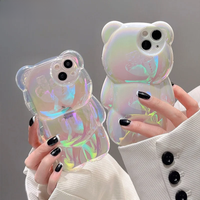 Ins Cute 3D Aurora Cartoon Bear Case For iPhone 11 13 12 14 15 16 17 Pro Max Plus Air Colorful Laser Rainbow Gradient Soft Cover