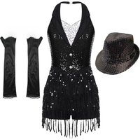 Women Sequin Tassel Jazz Latin Dance Leotard Dress with Gloves Hat Cha-cha Samba Rumba Salsa Tango Ballroom Performance Bodysuit