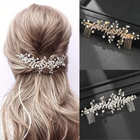 Bridal Hair Comb Golden Long Leaf Hairband Wedding Hair Accessories Luxury Handmade Pearl Crystal Headband Accessory Jewellery