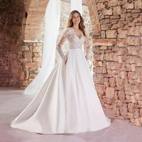SoDigne Elegant Women Wedding Dresses With Pocket V Neck Long Sleeves Appliques Bride Dress Satin Long Bridal Gowns Customized