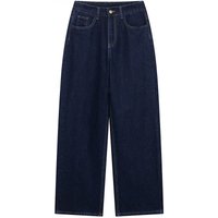 DUOPERI Women Fashion Denim Navy Blue Straight Pants Vintage Jeans High Waist Full Length Female Chic Lady Trousers
