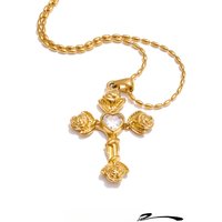Yhpup 2025 Arrivals Fashion Zircon Rose Flower Cross Pendant Necklace 18K PVD Plated Stainless Steel Aesthetic Golden Jewelry