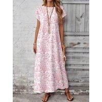 Casual Minimalist Pink Watercolor Floral Print Dress, Versatile Women's Dress for Spring, Summer & Autumn