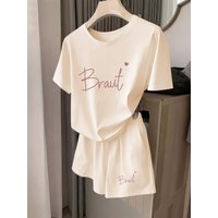Spring and Summer Braut Heart Letter Print Set, Gentle Apricot-Colored Short-Sleeve T-Shirt + Casual Shorts Two-Piece Set