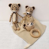 Personalization Towel Crochet Leopard Baby Teether Stuffed Animal Doll Beech Wood Newborn Teether Ring Pacifier Clip Baby Birth