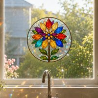 3D Rainbow Laser Suncatcher Window Sticker Round Stained Glass Window Film Mandala Flower Static Cling Privacy Glass Decal Home