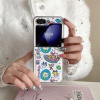 Cute Retro Tamagotchi Cartoon Print PU Leather Magnetic Phone Case For Samsung Galaxy Z Flip 7/6/5/4 Foldable Kawaii Girly Prote