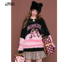 ELFSACK Women's Long Sleeve Pullover Sweater Loose Fit Round Neck Y2K Bow Dog Print Sweet Preppy Casual Sweet Cool Knit