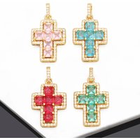 OCESRIO Trendy Multicolor Crystal Crucifix Necklace Pendant Copper Gold Plated Cross Jewelry Making Component Wholesale pdtb283