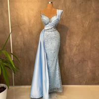 Sky Blue Shiny Mermaid Prom Party Dress Sheer O-neck Sequins Beads Sleeveless Backless Formal Evening Gown Elegant Vestido