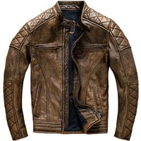 Vintage Men Leather Jacket Yellow Brown Thick 100% Genuine Cowhide Biker Jacket Slim Fit Men Motorcycle Coat Spring ASIAN SIZE
