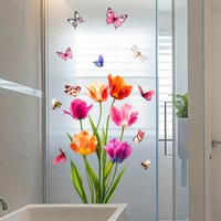 Colorful Tulip Glass Stickers Static Cling Butterfly Bee Decals Removable Window Glass Decor