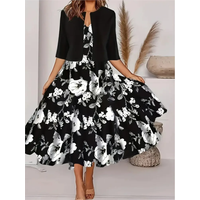 Casual V-neck Sleeveless Floral Print Long Dress For Women Half Sleeve Short Cardigan Suit Loose Midi Dresses Elegant Sets