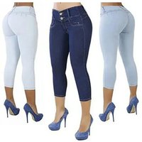Women's S-3XL size European and American slim fit bag buttocks solid color jeans cropped pants women's 4 color 6 size wholesale